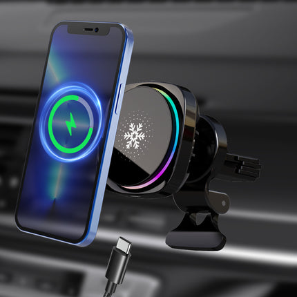 Magnetic Car Phone Holder - 15W Qi wireless charging, cooling fan, RGB light, 360° adjustable, auto-clamp, strong suction.