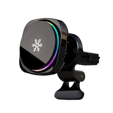 Magnetic Car Phone Holder - 15W Qi wireless charging, cooling fan, RGB light, 360° adjustable, auto-clamp, strong suction.