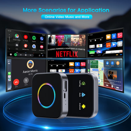 3-in-1 Wireless CarPlay/Android Auto Adapter – Plug & play, supports Netflix/YouTube/TF card. Works with OEM wired CarPlay/Android Auto cars.