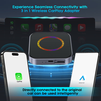 3-in-1 Wireless CarPlay/Android Auto Adapter – Plug & play, supports Netflix/YouTube/TF card. Works with OEM wired CarPlay/Android Auto cars.