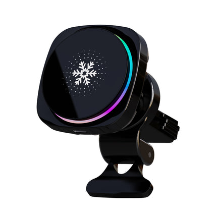 Magnetic Car Phone Holder - 15W Qi wireless charging, cooling fan, RGB light, 360° adjustable, auto-clamp, strong suction.
