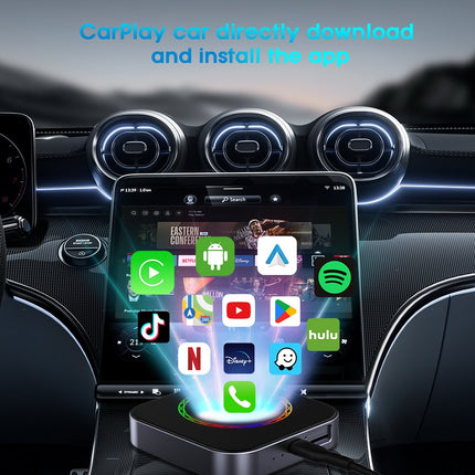 3-in-1 Wireless CarPlay/Android Auto Adapter – Plug & play, supports Netflix/YouTube/TF card. Works with OEM wired CarPlay/Android Auto cars.