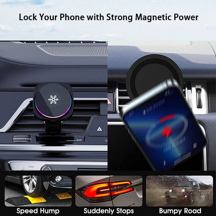 Magnetic Car Phone Holder - 15W Qi wireless charging, cooling fan, RGB light, 360° adjustable, auto-clamp, strong suction.