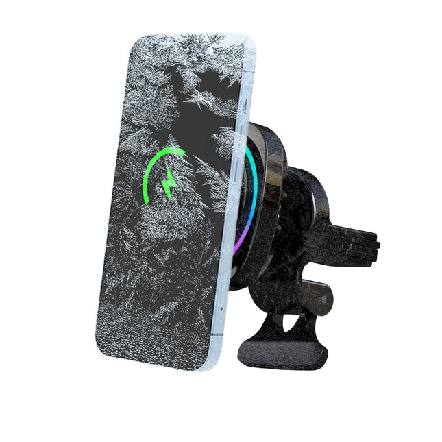 Magnetic Car Phone Holder - 15W Qi wireless charging, cooling fan, RGB light, 360° adjustable, auto-clamp, strong suction.