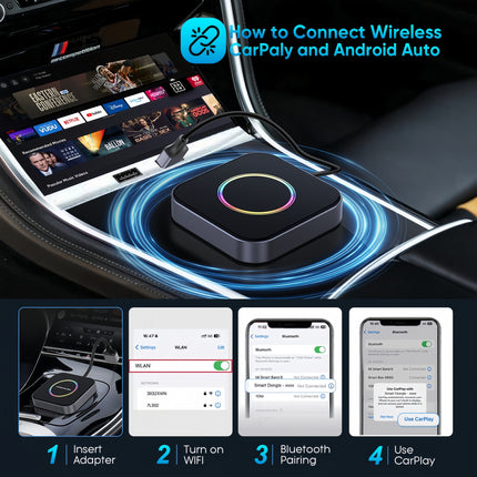 3-in-1 Wireless CarPlay/Android Auto Adapter – Plug & play, supports Netflix/YouTube/TF card. Works with OEM wired CarPlay/Android Auto cars.