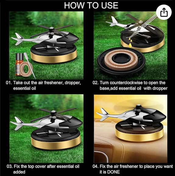 Automobile air freshener, solar-powered rotating fragrance diffuser device, diffuser accessories for interior decoration of cars and homes