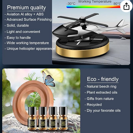 Automobile air freshener, solar-powered rotating fragrance diffuser device, diffuser accessories for interior decoration of cars and homes